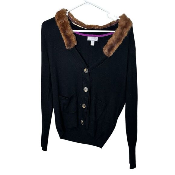 JCP cashmere blend black button front cardigan brown faux fur collar large - Picture 1 of 8